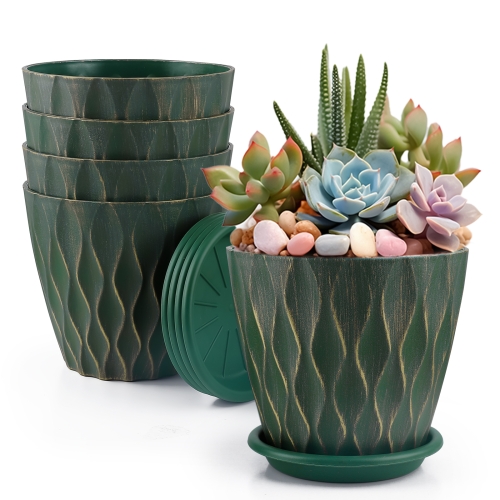 FOUKUS 6 inch Plastic Plant Pots: 5 Pack Indoor Planters with Drainage and Tray Outdoor Flower Pots, Green Gold