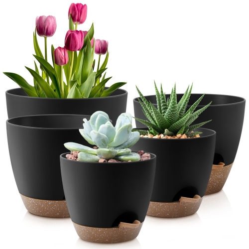 FOUKUS Set of 5 Self-Watering Plant Pots with Drainage – Eco-Friendly Plastic Planters for Indoor & Outdoor Use – Pots for Succulents, Cactus, Snake Plants (7", 6.5", 6", 5.5", 5") – Black