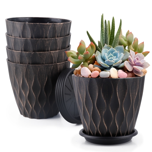 FOUKUS 6 inch Plastic Plant Pots: 5 Pack Indoor Planters with Drainage and Tray Outdoor Flower Pots, Black Gold