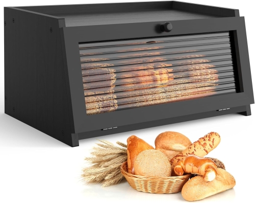 FOUKUS Bread Box for Kitchen Countertop – Large Farmhouse Bread Storage Container with Transparent Window – Black Bread Holder for Homemade Bread, Pastries, and Rolls
