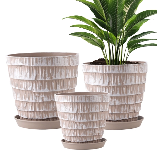 FOUKUS Plant Pots Set of 3 - 7.5/6.5/5.5 Inch Plastic Planters with Drainage Hole and Tray - Decorative Indoor Outdoor Flower Pots for Succulent Herb Orchid Garden - Taupe