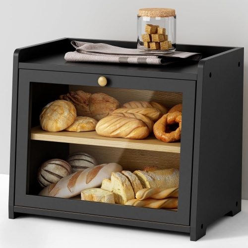 FOUKUS Black Bread Box for Kitchen Countertop – Large Farmhouse Bread Storage Container with Wooden Lid – Breadbox Organizer for Counter, Cabinet, Pantry, or Cupboard