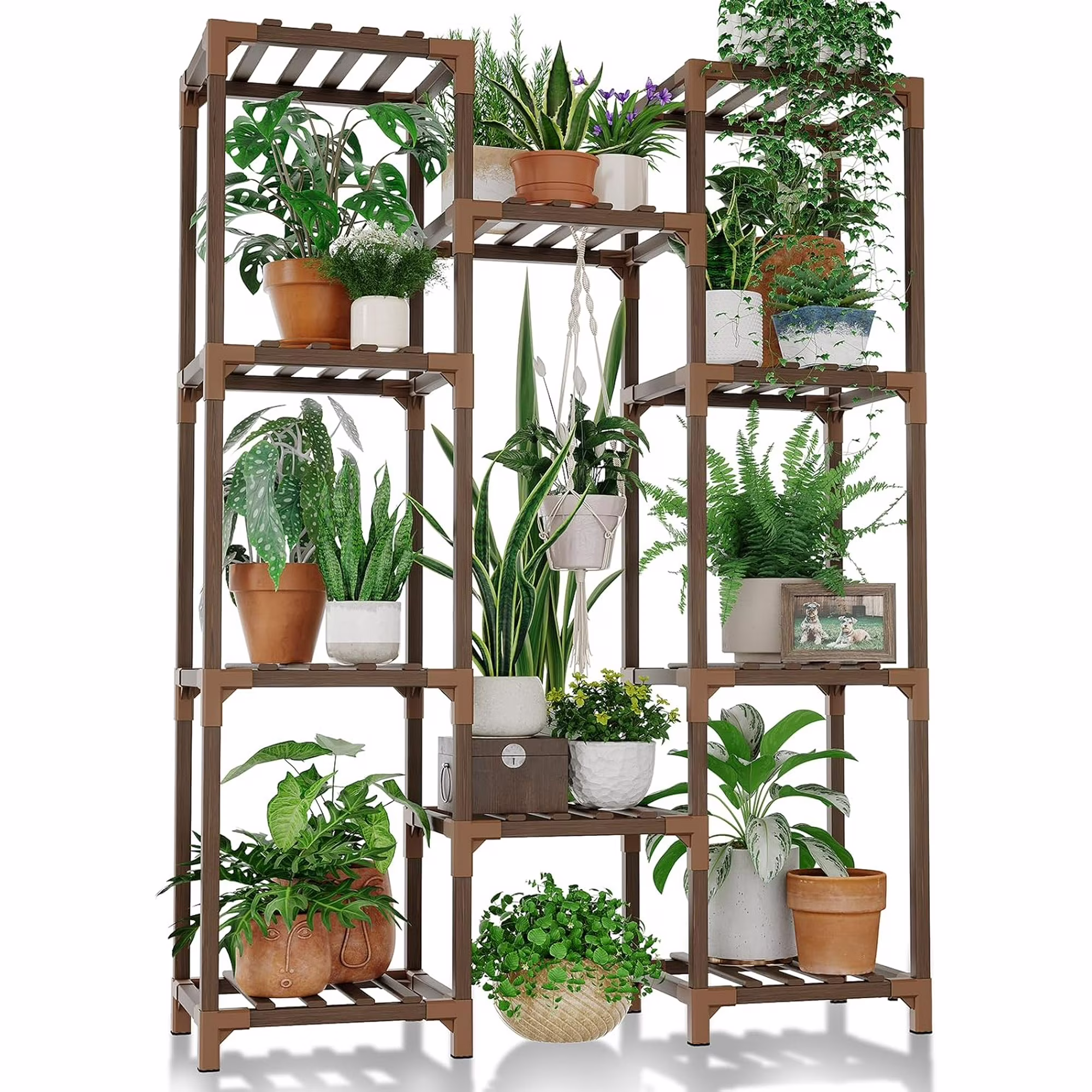 FOUKUS Tall Plant Stand for Indoor & Outdoor Use – Multi-Tier Wooden Plant Shelf for Multiple Plant Pots, Large Stable Flower Holder for Living Room, Patio, Balcony, or Garden, Brown