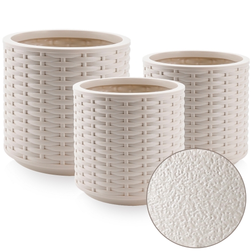 FOUKUS Large Concrete-Like Planter Set: 3-Piece Woven Texture Round Lightweight Planters for Indoor & Outdoor Use, Modern Decorative Pots with Drainage for Home, Patio, Porch & Garden