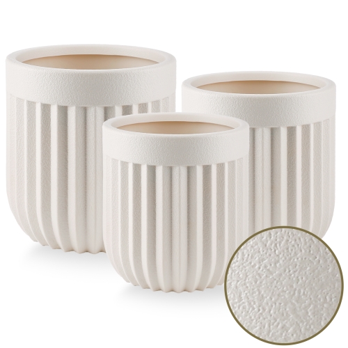 FOUKUS Large Concrete-Like Planter Set: 3-Piece Tall Fluted Round Lightweight Planters for Indoor & Outdoor Use, Modern Decorative Pots with Drainage for Home, Patio, Porch & Garden
