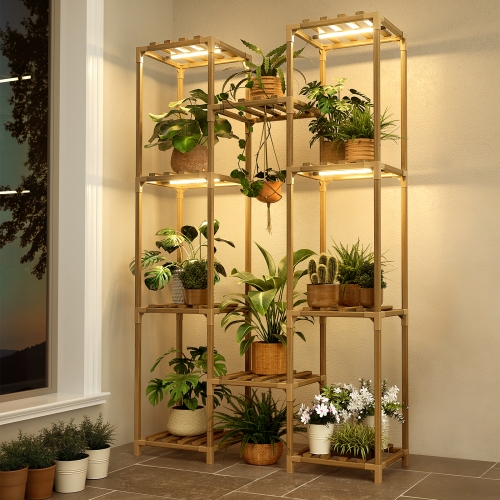 FOUKUS Plant Stand Indoor Plant Shelf Grow Light: Tall Wooden Plant Stand Indoor Holds 10+ Plants, Tiered Plant Rack with Timer Dimming Light for Indoor Garden Home Decor Living Room