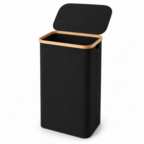FOUKUS 100L Large Laundry Hamper with Lid: Laundry Basket with Bamboo Handles for Clothes and Toys, Freestanding Collapsible Laundry Basket for Bedroom and Bathroom - Black