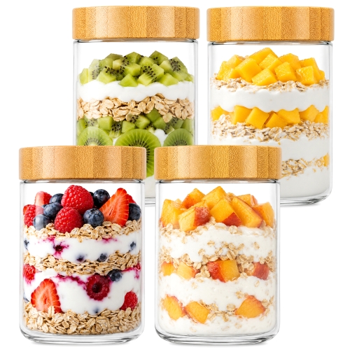 FOUKUS Overnight Oats Containers with Lids: 4 Pack 10oz Glass Meal Prep Containers with Bamboo Lids, Leakproof Glass Jars, Wide Mouth Mason Jars for Yogurt, Salad, Snacks & Healthy Breakfast